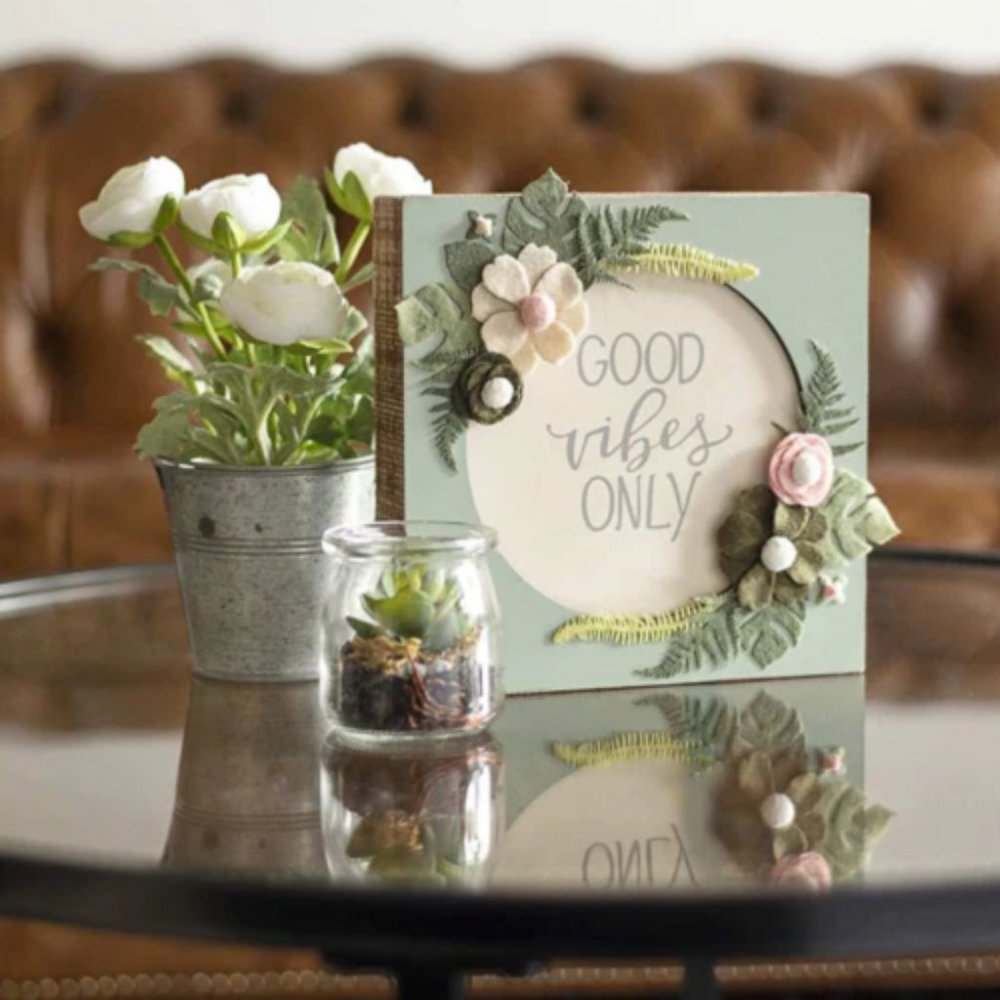 Primitives by Kathy  Box Sign - Good Vibes Only with Felt Floral Accents